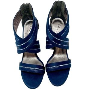 Adrianna Papell Navy Suede Strappy Heels with Rhinestone Accents